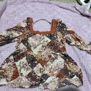Maurices Patchwork Floral Blouse - Brown and Cream
